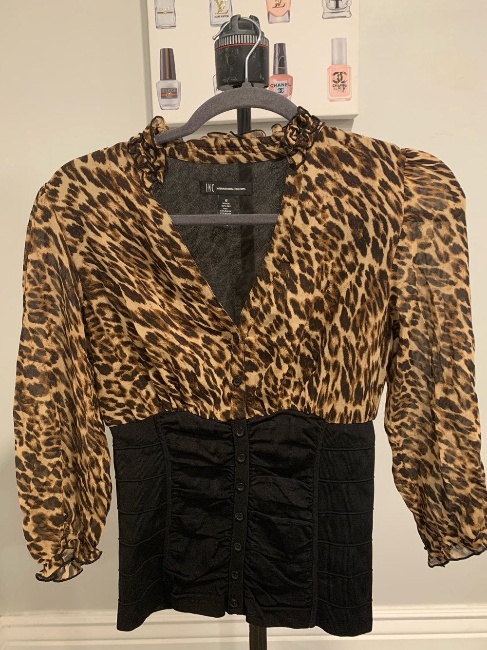 INC Leopard-Print Sheer Blouse with Black Ruched Waist -GB054